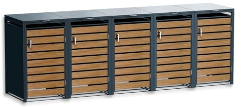 Metzler Box à poubelles Anthracite & Aspect Bois 5x240L, Habillage pour 5 bacs, Acier poudré résistant aux intempéries avec Couvercle Automatique, verrouillable, Box de Jardin et à déchets