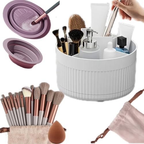 Organizador Maquillaje Giratorio 360 de VARITEM: Set de 13 Brochas Maquillaje, Esponja Maquillaje, Limpiador Brochas Incluido. Base Giratoria Estable, Material Plástico de, Color Blanco