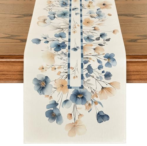 Zernblend 1 Pieza Camino De Mesa Moderno, Camino De Mesa Beige (183 x 33 cm) con Estampado De Flores Azules Primaverales