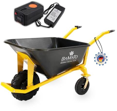 BAMATO Elektro Schubkarre MTR-200 fahrbar 200kg Tragkraft 160L Mulde 400W | Elektrische Schubkarre mit 400W Motor & 160L Mulde | 200kg Tragkraft und bis zu 5h Arbeitszeit (optional erweiterbar auf 10h)