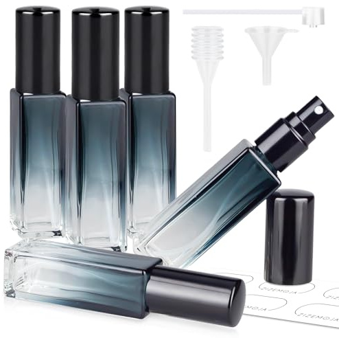 Perfume Refill Bottle, Mini Leak-proof Portable Perfume Travel Refillable Dispenser, 5pcs 10ml Empty Atomizer Sprayer, Pocket Glass Bottle with Funnel and Pipette for Cologne (Gradientblue Black)