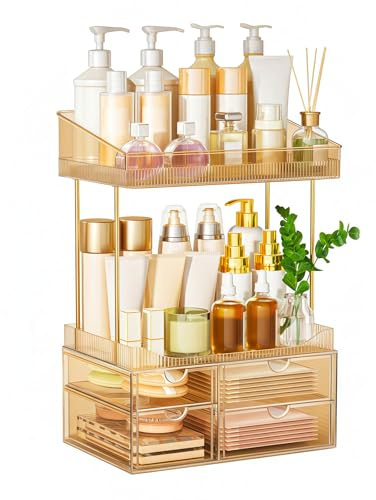 StowBin Tawny Makeup Organiser Bathroom Storage 2-Shelf 4-Drawer | Acrylic Make Up Organiser, Dressing Table Organiser, Space-Saving Vanity Organiser, Dustproof & Easy-Clean