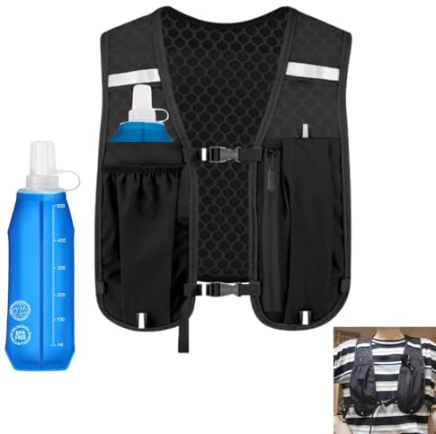 Gilet de course pour homme et femme - Gilet de course avec gourde de 500ml - Réfléchissant - Avec support pour téléphone portable - Gilet d'hydratation pour la course à pied - Pour cyclisme, randonnée