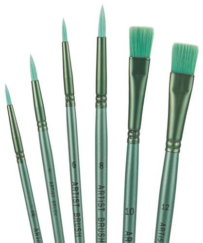 Juego de 6 Pinceles para Pintura Acrílica, Pinceles Profesionales de Nylon para Óleo Acuarela Gouache Detalles Finos & Trazos Amplios Principiantes & Expertos (Verde)