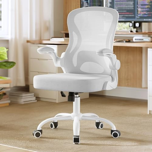SONGMICS Bürostuhl ergonomisch, Drehstuhl mit Netzgewebe, Schreibtischstuhl mit Lendenstütze, Wippfunktion, klappbare Armlehnen, für Arbeitszimmer, Schlafzimmer, Taubengrau OBN042GD02 | mit klappbaren Armlehnen und Lordosenstütze, 61,5 x 58,5 x 104,5 cm, für Büro, Hellgrau, KIME Collection OBN042GD01