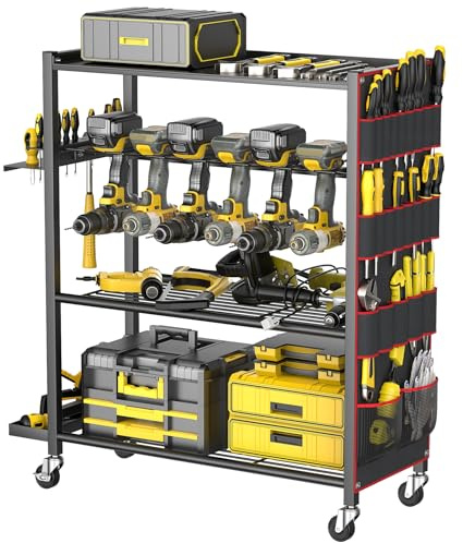 WALMANN 4-Tier Rolling Power Tool Storage Cart, Large Drill Organizer with Slots for 12 Drills, Floor Standing Cordless Tool Rack with Wheels for Garage & Workshop