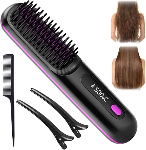 Trådlös plattång borste, BellaBrush Pro H-air S-plattång borste, 2-i-1 negativ jon Hai-r rak kam för alla Ha-ir typer (svart)