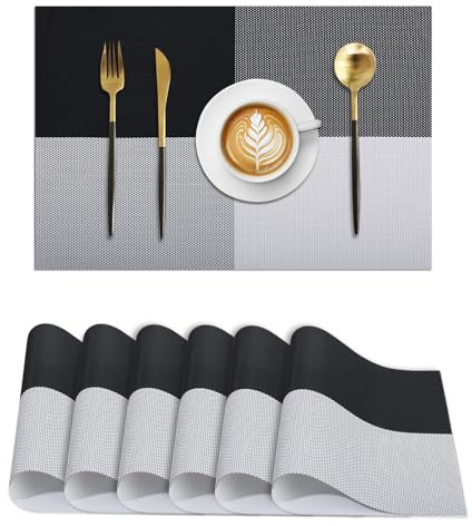 Komforbaa Set Copripiatti Rettangolari 6 Pezzi, Copripiatto in PVC con design patchwork bianco e nero, Resistente al Calore per Decorazione Moderna di Tavolo Cucina, Lavabile Antiscivolo