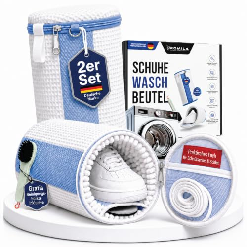 Premium Schuhwaschbeutel für die Waschmaschine bis Größe 50 mit schonender, wasserdurchlässiger Reinigung–2x wiederverwendbare Waschbeutel für Schuhe mit Reinigungsbürste, schützt Schuhe&Waschmaschine