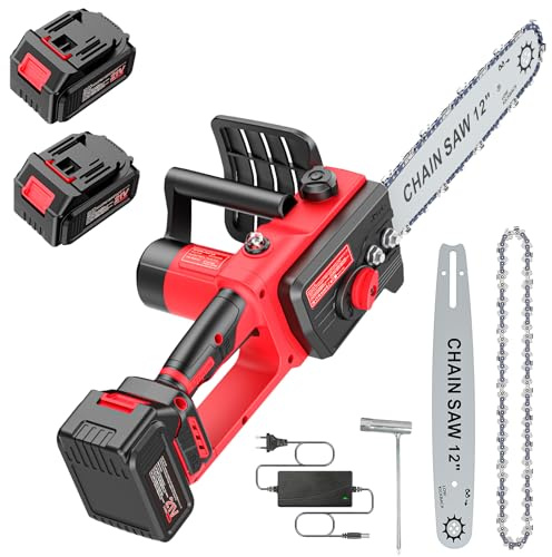Motosierra Brushless con Bateria 4000mAh*2, Motosierra Electrica 12 Pulgadas, Motosierra Bateria, Sierra Electrica Podar Arboles, Lubricacion Automatica, Tension Cadena sin Herramientas, para Madera