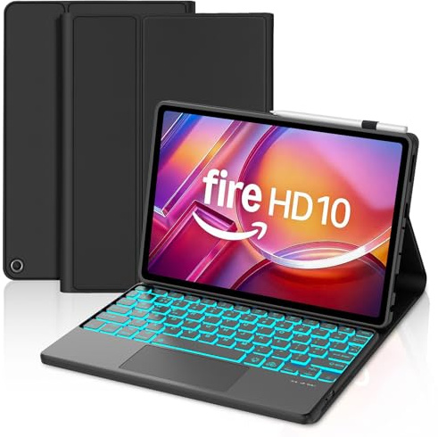 Keyboard Case for Fire HD 10/10 Plus 10.1 inch (13th/11th Gen 2023/2021) | QWERTY UK Layout Keyboard Multi-Touch Trackpad, 7-Color Backlight, Smart Stand Folio Cover with Pencil Holder, Black