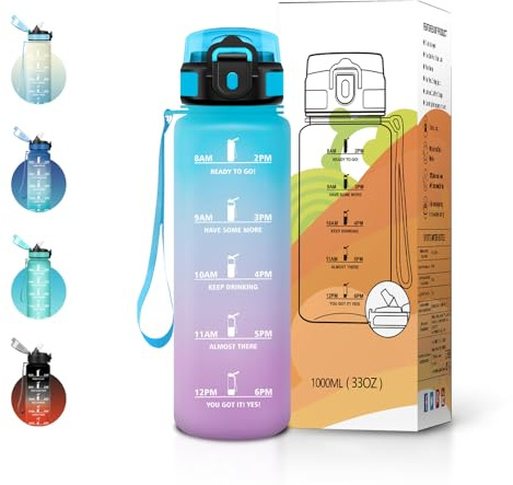 JAPORIA Borraccia 1L, Borracciacon Cannuccia e Indicatore del Tempo, Senza BPA, a Prova di Perdite, Bottiglia Acqua Riutilizzabile per Fitness, Studenti e Ufficio