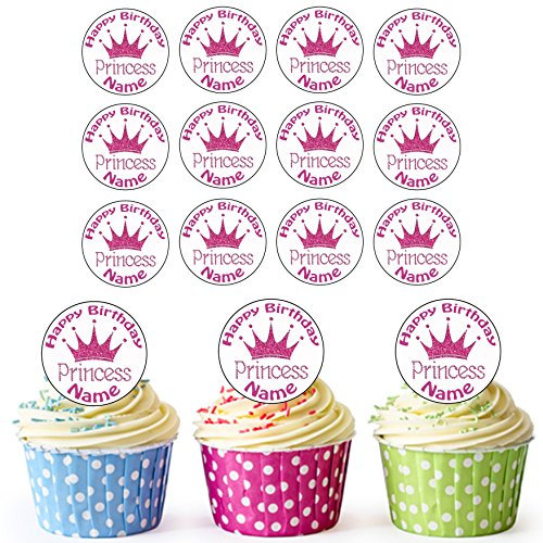 AK Giftshop Princess Crown 24 Personalised Edible Cupcake Toppers/Birthday Cake Decorations - Easy Precut Circles