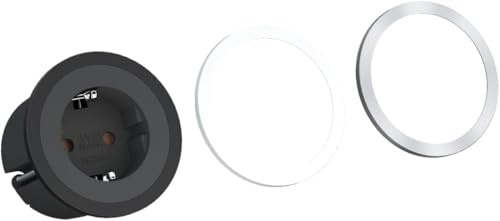 BACHMANN Einbausteckdose PIX 1x Steckdose mit 3 Zierringen (Schwarz, Weiß und Edelstahl-Optik) 2m Kabel Tischsteckdose für Küche, Büro oder Wohnraum Schwarz 926.001 (nur 45mm Einbautiefe)