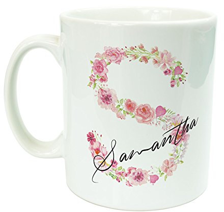 Personalised Floral Pink Initial Ceramic Mug – Custom Name Monogram Mug with Elegant Flower Design – 11oz Dishwasher & Microwave Safe Gift for Her, Christmas or Birthday Present