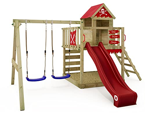 WICKEY Spielturm Klettergerüst Smart Cave mit Schaukel & roter Rutsche, Outdoor Kinder Kletterturm mit Sandkasten, Leiter & Spiel-Zubehör für den Garten