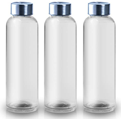ShyaWorld Botella De Cristal para Agua en con cuerpo de acabado Transparente. Tapón a rosca en Acero Inoxidable. Cajas Individuales por Botella.(TRANSPARENTE, 500ml (3PCS))