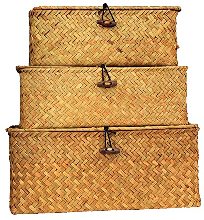 YSGLIFE Set mit 3 Seegras Gewebt Rattan Rechteckiger Ablagekorb Aufbewahrungsbox mit Deckel Mehrzweck-Organizer-Boxen für Kleidung, Make-up, Bücher und Regale (Orange, Klein/Mittel/Groß)