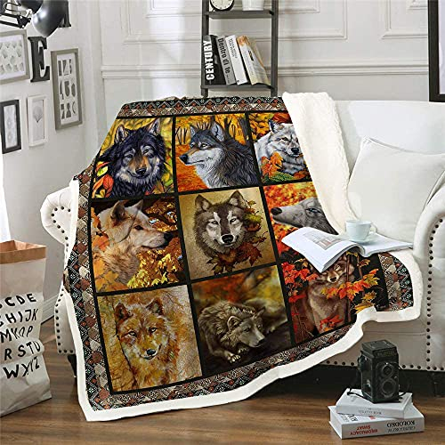 DJY Halloween Wolf Patchwork Fleece Blanket - Soft Plush Thick Warm Throw for Couch, Sofa, Bed - Brown Animal Print Theme - 150x200cm