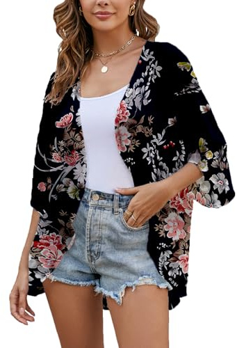 Heynino Womens Chiffon Kimono Cardigans Open Front Floral Print Beach Cover up Capes Sheer Loose Blouse Tops