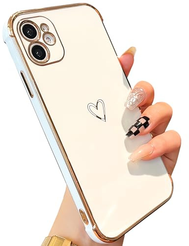 ZTOFERA Kompatibel mit iPhone 11 Hülle mit Herz Muster, Silikon Handyhülle iPhone 11 für Mädchen, Cute Liebesherz Silikonhülle Goldener Rahmen Flexibel Weiche Bumper Stoßfest Schutzhülle, Weiß