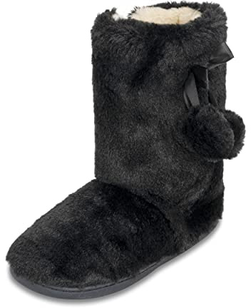 Polar Damen-Hausschuhe aus Kunstfell – Memory-Schaum für den Innenbereich mit rutschfester Gummisohle – weicher und flauschiger Hausschuh mit niedlichen Pompons – Stiefeletten