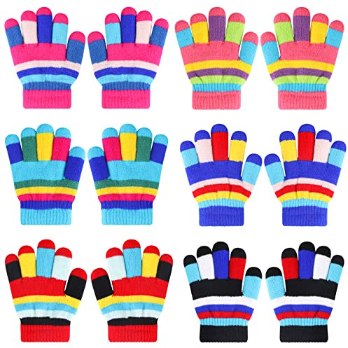 QKURT 6 Pares Niños Guantes MáGicos, Niños Guantes EláSticos, Guantes de Punto TéRmicos Multicolores, Guantes de Invierno para Niños de Dedos Completos para Niños y Niñas de 1 a 4 años, Unisex