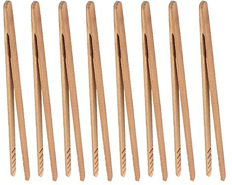 Bambu rostat tång, 18 cm mini trä matlagningstång med halkfri design perfekt för servering av mat/brödrost/bröd och pickles/socker/grill, små kökstänger multianvändning för sallad, grillning, stekning (8)