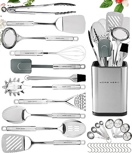 Kitchen Utensils Set - Non-Stick Heat Resistant Cooking Utensils Set - Spoons Turners Spatula Ladle Set - Kitchen Tools Gadgets Accessories (32 pcs Stainless Steel Set)