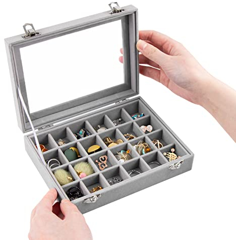JSMTKJ Boite a Bijoux en Velours Gris avec 24 compartiments, Rangement Bijoux et Voyage pour Bagues, Colliers, Bracelets, Boucles d’Oreilles et Montres