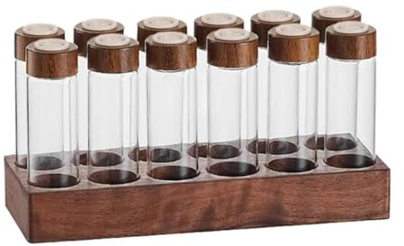 perfk 12 Stück Einzeldosis Kaffeebohnen Behälter mit Holzständer, Kaffeevorratsdosen mit Deckel,Kaffeedose Aufbewahrung, Luftdicht Verschlossene Glaskanister für Kaffeebohnen, Kakao,#A
