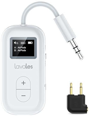 Lavales Bluetooth 5.3 Sender Klinke für 2 Airpods/Kopfhörer, Bluetooth Adapter Transmitter aptX Low Latency/Adaptive, 25H Spielzeit, 3,5mm AUX Audio Splitter für Switch, Flugzeug, TV, Tablets