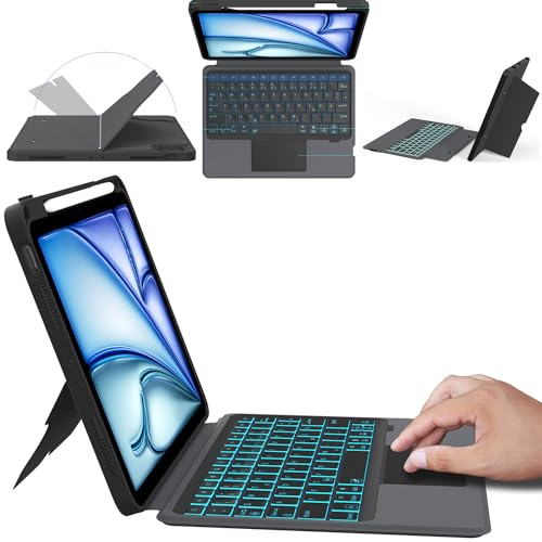 ROOFEI iPad Air 11 (M3/M2, 2025/2024)/Air 5 /Air 4/Pro 11 (4/3/2/1 Gen) Hülle mit Tastatur : Abnehmbare Touchpad Tastatur mit 7 Farbige Beleuchtung - QWERTZ Layout