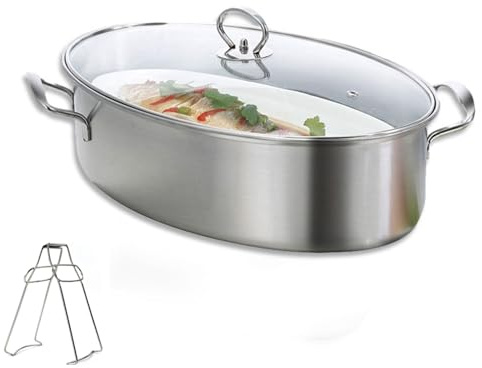 GFHVDC The elliptical steamed fish pot,304 Stainless Steel Fish Steamer Elliptical Steamed Fish Pot Multi-Use Oval Roasting Cookware & Hotpot with Rack