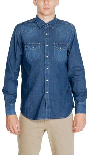 Replay Camicia in Jeans da Uomo, vestibilità Regolare, 007 Blu Scuro., S