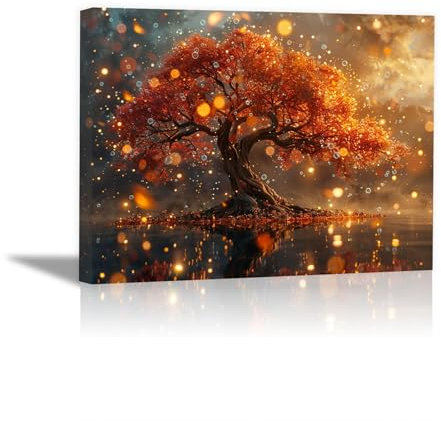 JOSUE Albero Della Vita Quadro Paesaggio astratto Quadri Moderni Stampa Su Tela,Arancione, oro Quadri Xxl Arredo Soggiorno Salotto Cucina Ufficio Decorazioni-50x70cm Incorniciato
