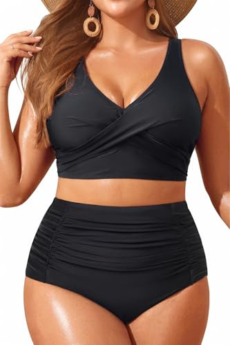 Aqua Eve Traje de baño de Dos Piezas para Mujer, Talla Grande, Conjunto de Bikini de Cintura Alta, con Control de Abdomen