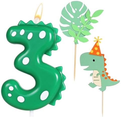 Ronoza Geburtstagskerzen Zahlen 3, Dinosaurier Kerzen Geburtstag, Geburtstagskerze, Geburtstagskerzen für Torte, Kerze 3, Grün Kerzen Zahlen, mit 2 Stück Dinosaurier Happy Birthday Cake Topper