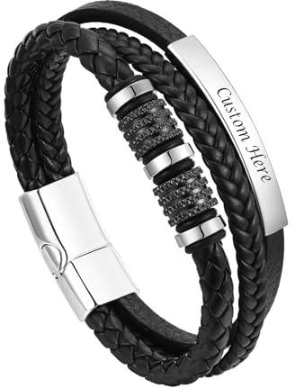 Vnox Personligt läderarmband för män: svart läder med personlig gravering - födelsedagspresent till pojkvän eller pappa, 21 cm, Rostfritt stål
