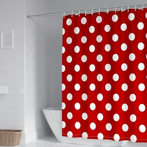 Duschvorhänge Anti Schimmel Waschbar 200 x 200 cm Polyester, Badvorhang Textil Stoff mit Muster Punkte Rot und Weiß für Badewanne Shower Curtain mit Duschvorhangringe