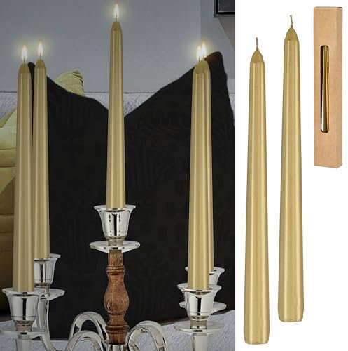 Cepewa 2er Set Stabkerzen gold | 2x25cm Paraffin | Wachskerze Echtwachs Dekokerze Kerze glänzend Spitzkerze (1 x 2er Stabkerzen gold)