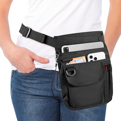 Rexmica Grembiule da Cameriera con Tasche Multiple e Cintura Regolabile, Grembiule da Vita per Cameriera, Cameriere, Uomo e Donna, Mezzo Grembiule per Ristorante, Bistrot, Bar, Cucina, Nero