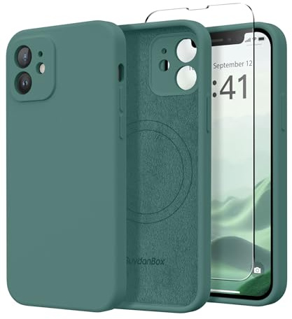 SuydanBox Magnetische Hülle für iPhone 12, kompatibel mit MagSafe, [Vollständiger Kameraschutz] [Displayschutzfolie] Stoßfeste Silikon-Schutzhülle für iPhone 12 6,1 Zoll, Mitternachtsgrün