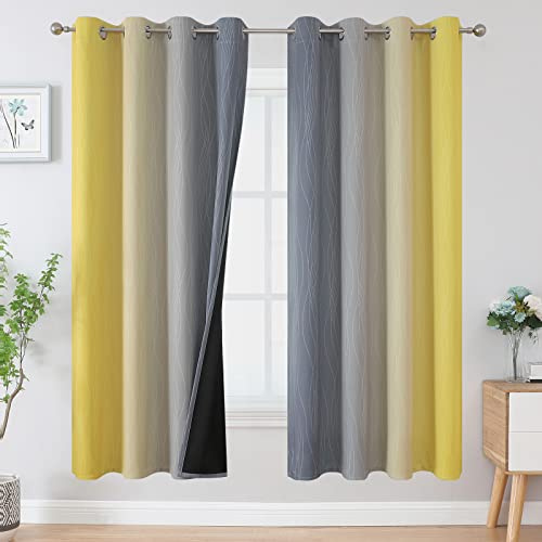 VEHEDE Ombre Cortinas con ojales, para salón, aislamiento acústico, térmicas contra el frío, opacas, 183 cm de largo, 183 x 132 cm, amarillo y gris, juego de 2 unidades