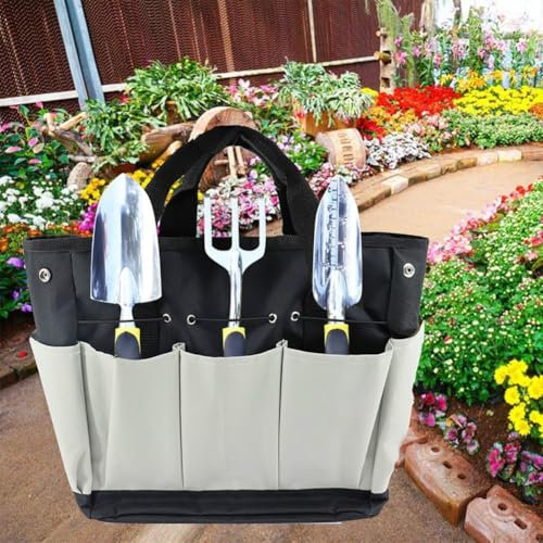 Borsa porta attrezzi da giardino, borsa portatile da giardinaggio, con manici e cinghie elastiche, per giardini domestici, cortili e prati, 34 x 17 x 30 cm (nero e grigio)