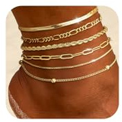 CharmBurst 6 Stück Gold Fußkettchen, Gold Plattierte Gliederkette, Cuban Link Chain, Herringbone Design, Schicht Fußkettchen Set, Sommer Fußschmuck, Dekorative Fußkette
