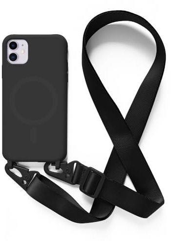 Leather Armor Handykette Hülle für iPhone 11(6.1) mit Band Halsband Lanyard (abnehmbar) Handyhülle, Verstellbarer Lanyard.Magnetisch Stoßfest Silikonhülle Wireless Charging kompatibel .-Schwarz