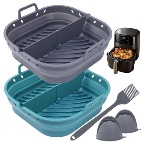 Moldes Silicona Air Fryer – Complementos Freidora de Aire Antiadherente | Set 2 Cestas + Brocha + Agarraderas BPA Free | Accesorios Airfryer Reutilizables 5,5L a 8L | Fácil Limpieza