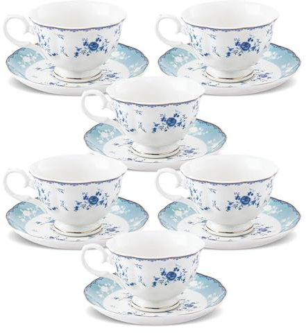 fanquare Blue Floral Tea Cup and Saucer Set of 6, Elegant British Porcelain Coffee Cups, Afternoon Teacups for Women Adults 140ml