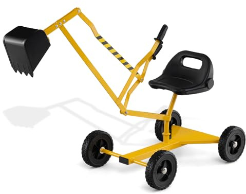 DREAMADE Sandbagger für Kinder, Aufsitzbagger mit 360° drehbarem Sitz, flexiblem Schaufelarm, ergonomischer Rückenlehne & 4 Räder, Sitzbagger für Kinder ab 3 Jahren (Schwarz + Gelb)
